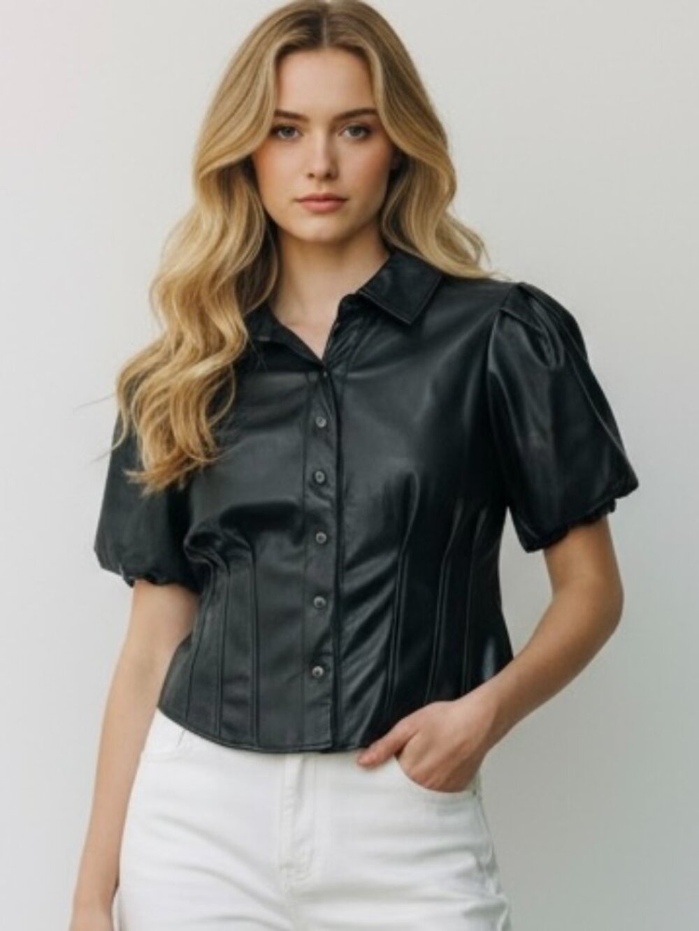 NEW Bagatelle Fitted Top Women’s Size Large Faux Leather Puff Sleeves Button Up